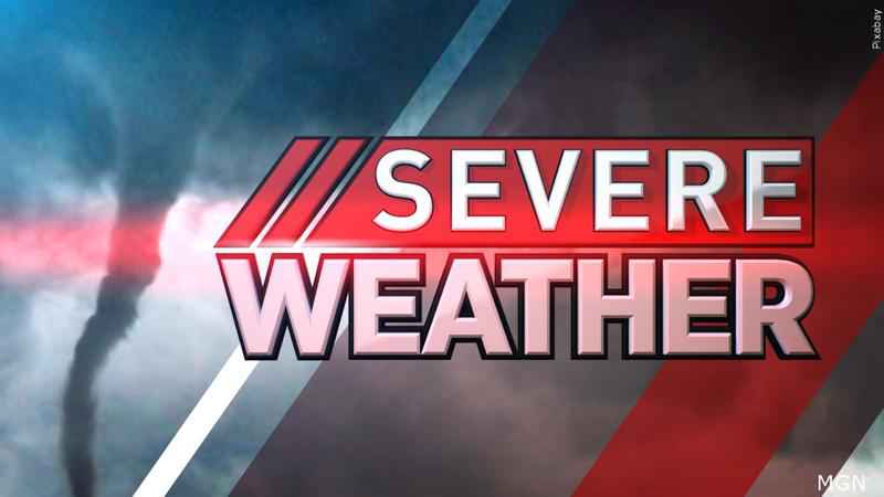 A tornado has been confirmed by the National Weather Service. severe weather in large font with tornado in background