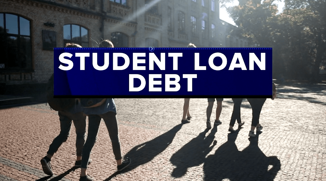 students walking in a group, 'student loan forgiveness' is spelled out across