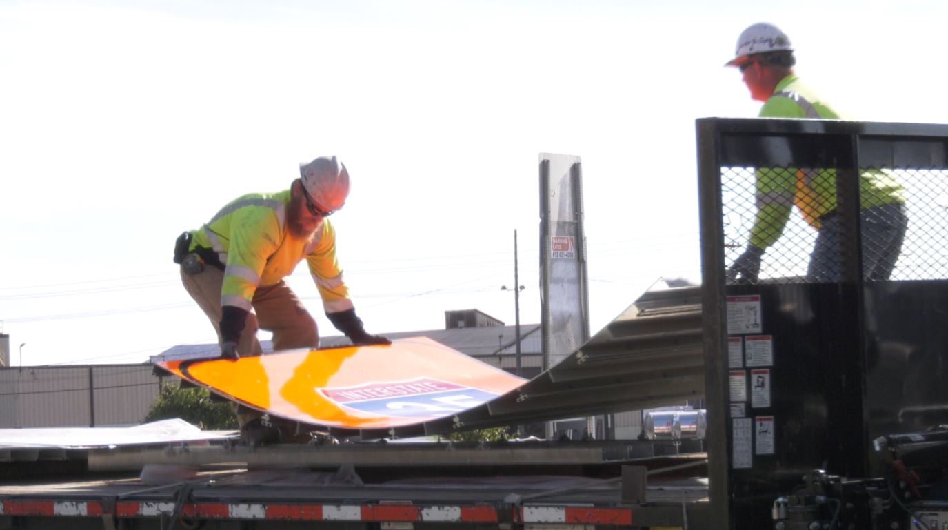 Construction workers on the site of the Twin Ports Interchange project