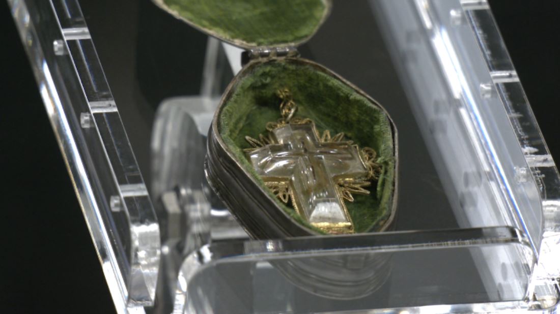 Shards of what is believed to be the cross of Jesus Christ are encased in acrylic