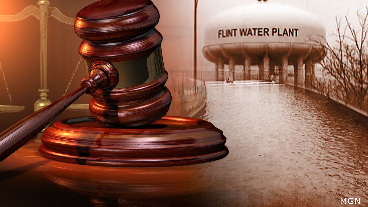 image of gavel, scales of justice, and Flint, Michigan water tower
