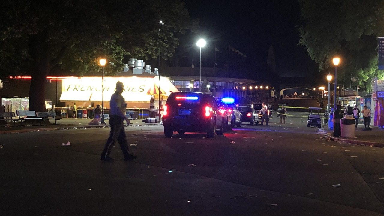Night shot of police cars, lights at Minnesota State Fair