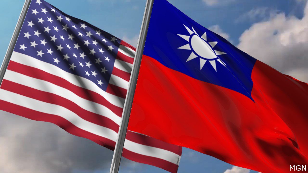 close-up of the American flag next to the Taiwan flag
