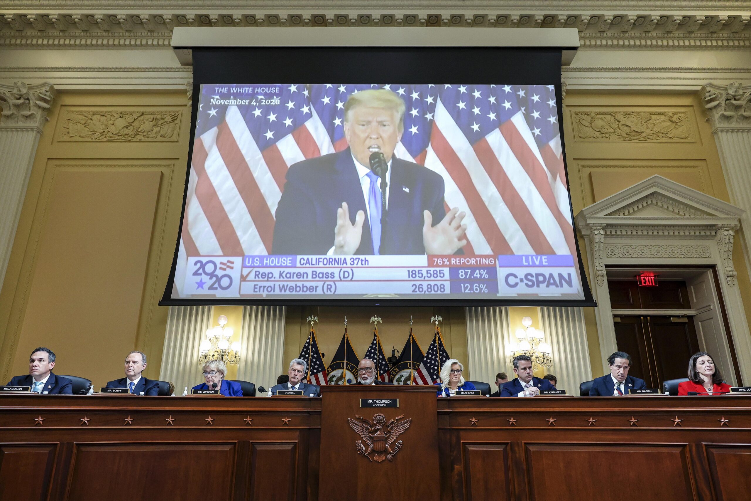 Video of Donald Trump shows on a screen during Jan. 6