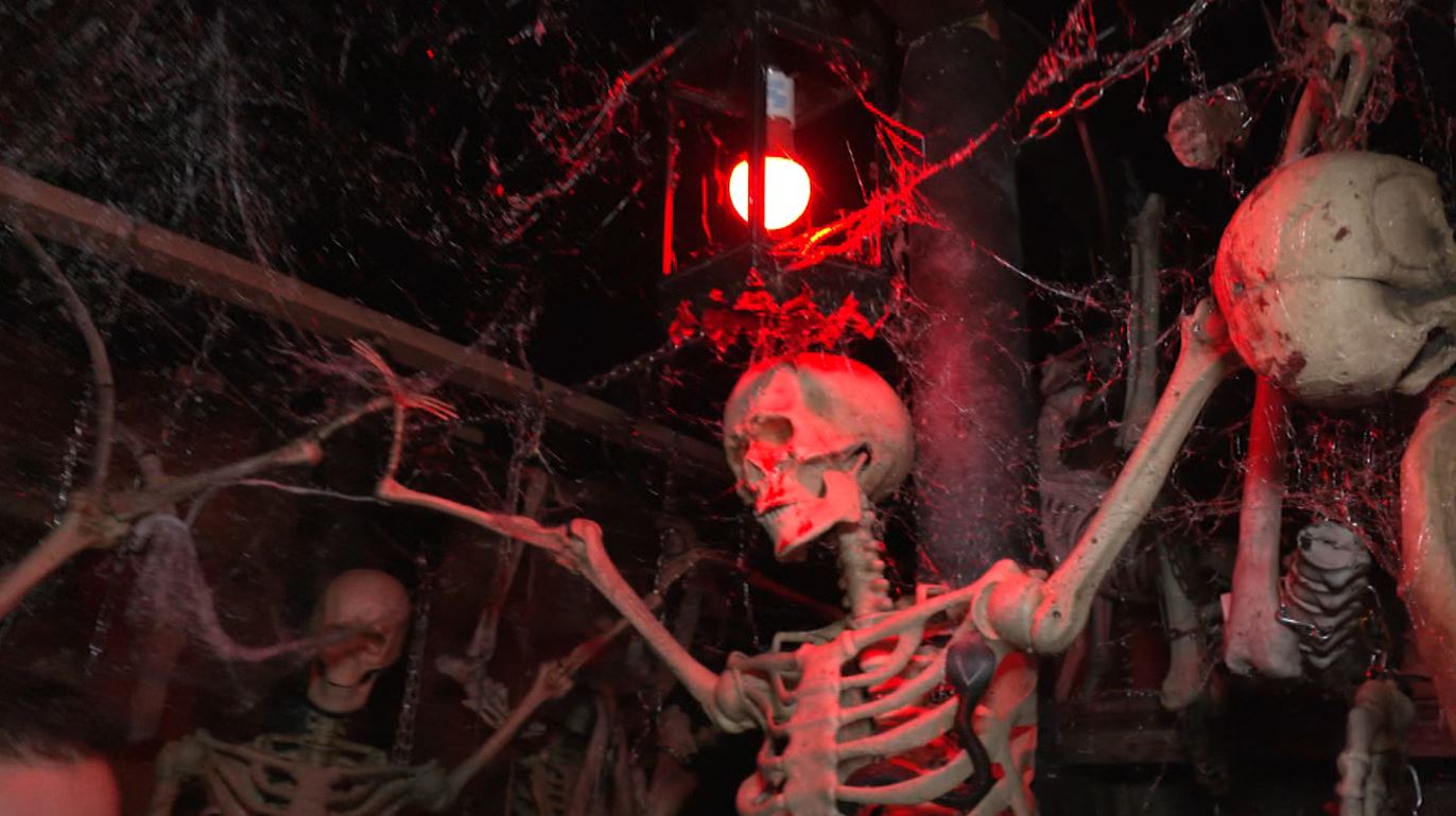 Skeletons hang in the Haunted Ship.