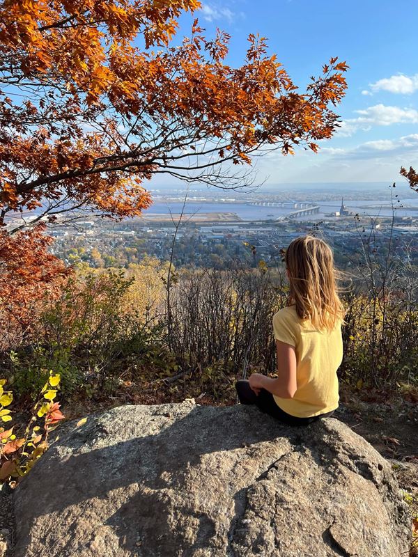 girl sitting on a rock overlooking the Bong Bridge with fall leaves