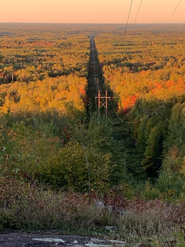 fall colors off in the distance along a power line