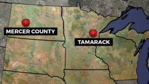 Map showing Mercer County, ND and Tamarack, MN