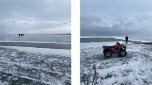 Two images of Red Lake ice flow with anglers off in the distance