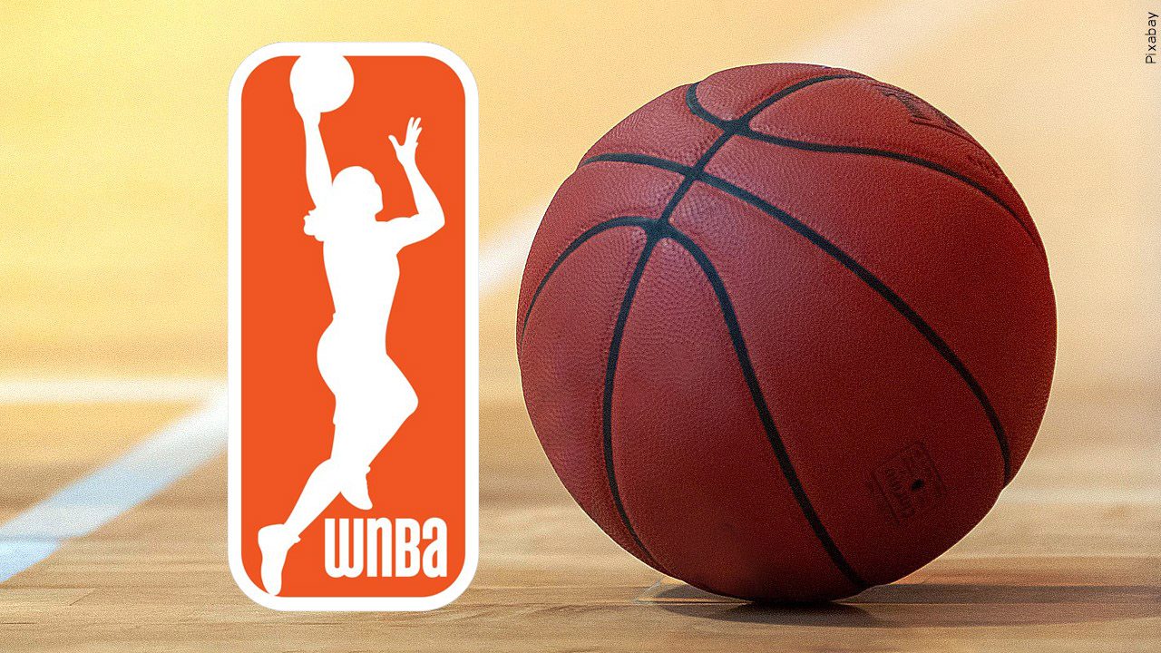 The WNBA logo on a background of court and basketball