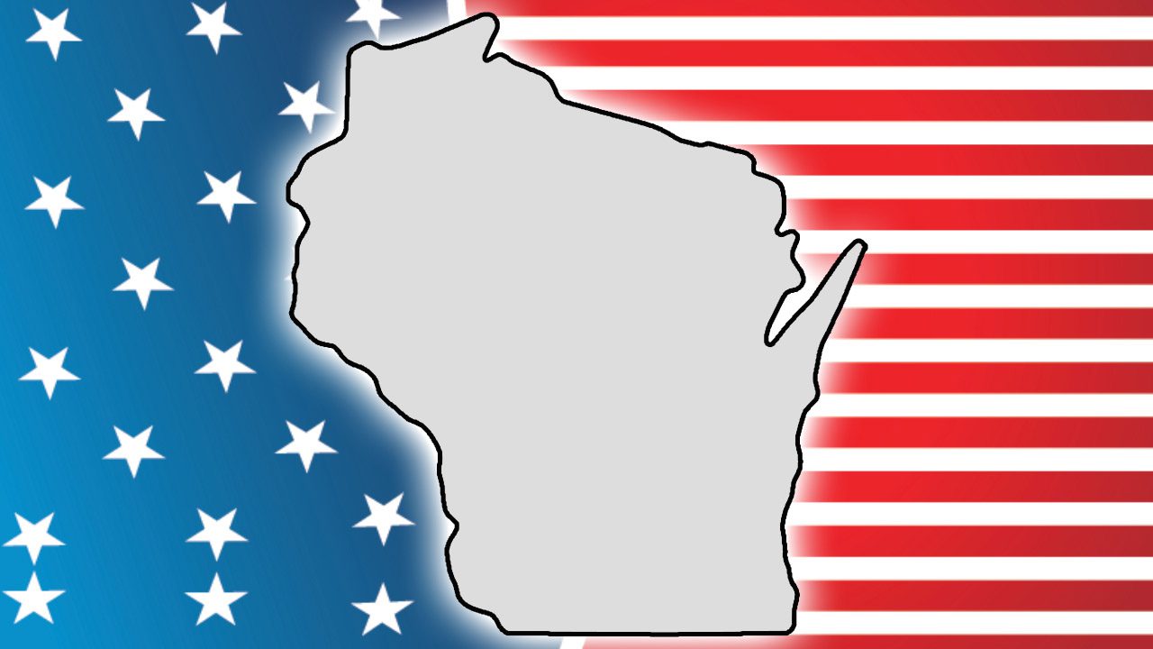 Gray Wisconsin state over stars and stripes patriotic background