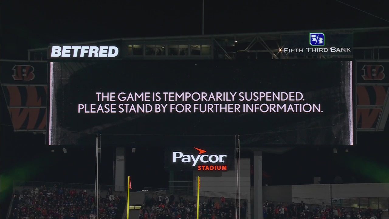A video board tells fans "The game is temporarily suspended."