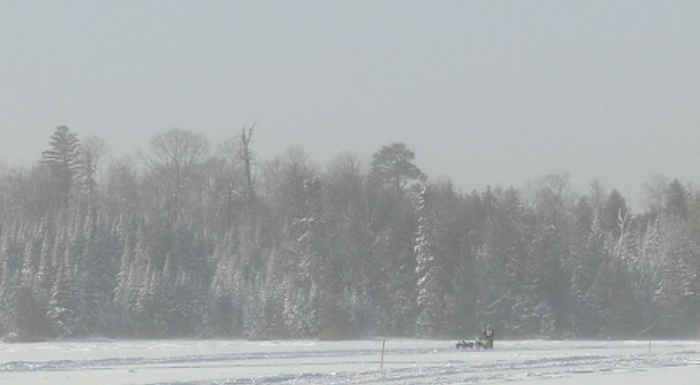 A musher crosses a frozen lake