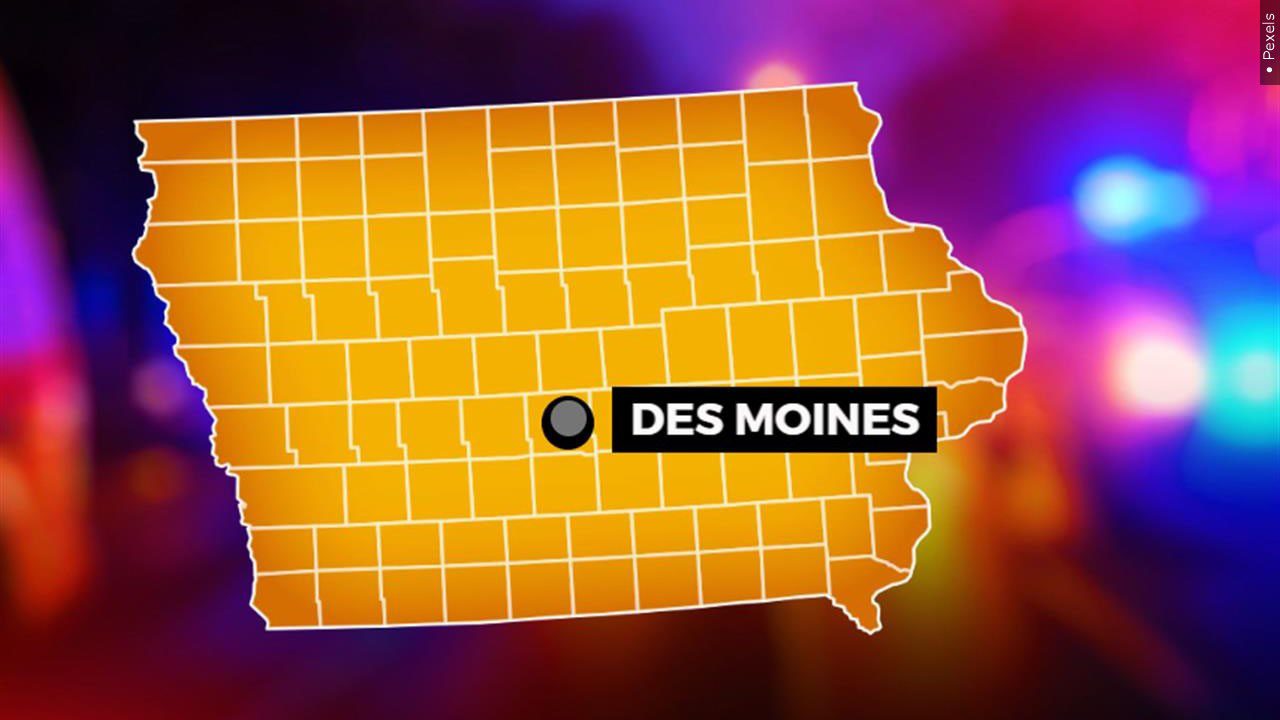 Map showing state of Iowa and Des Moines over crrime background.
