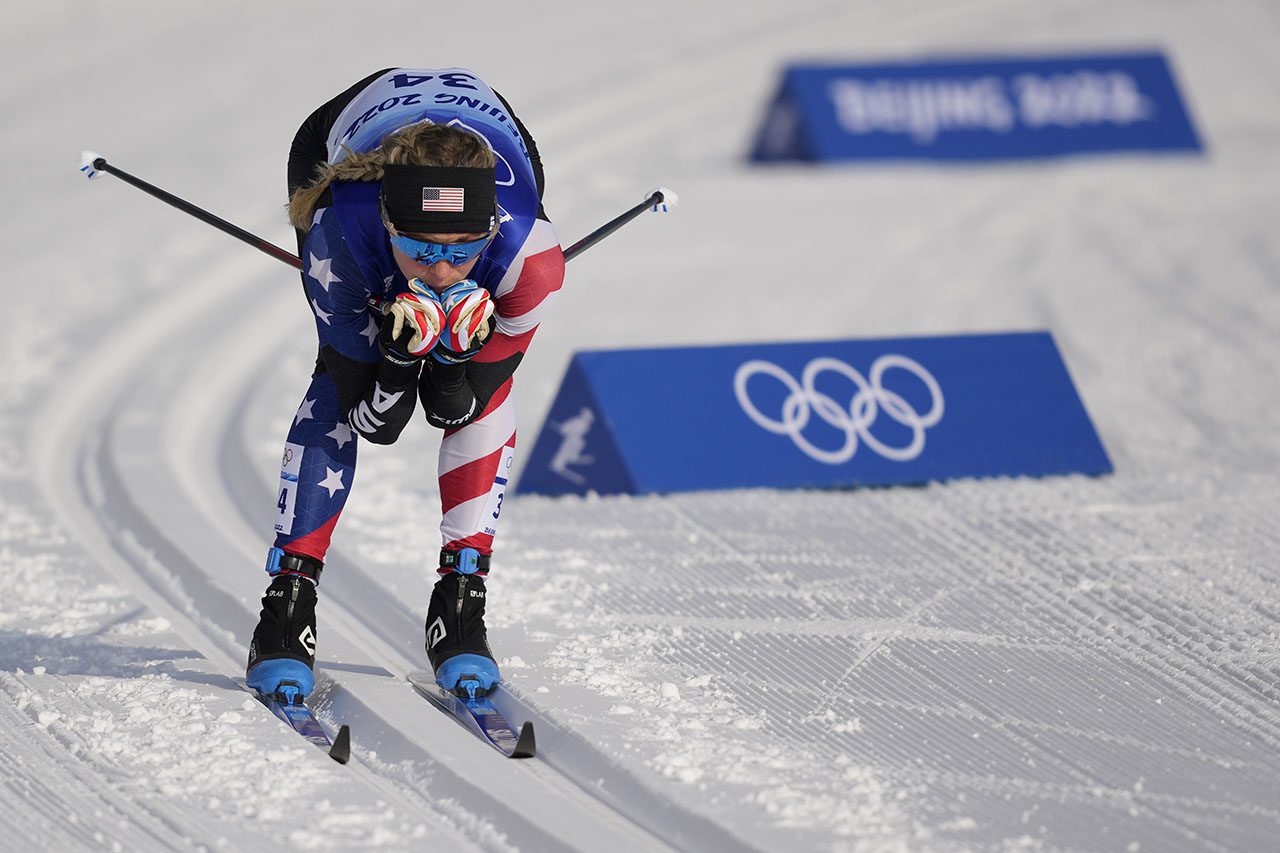 Freeze of US skier Jessie Diggins competing in the women's 10km classic cross-country skiing competition.