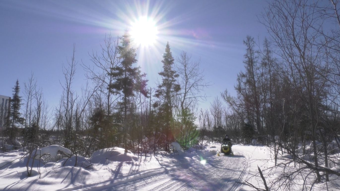 A snowmobile on the trail near Black Bear Casino