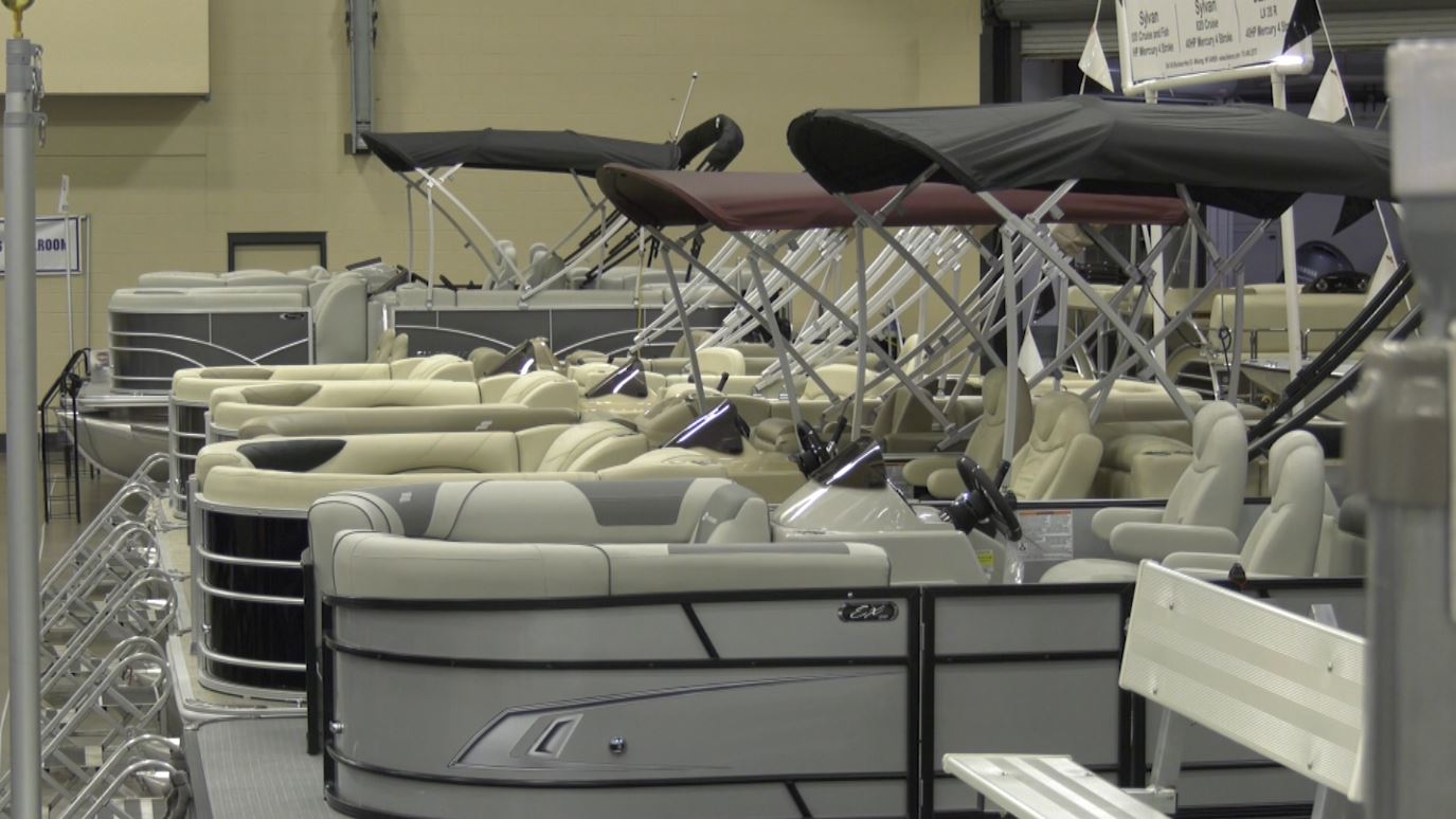 A row of pontoons at the Duluth Sport Show