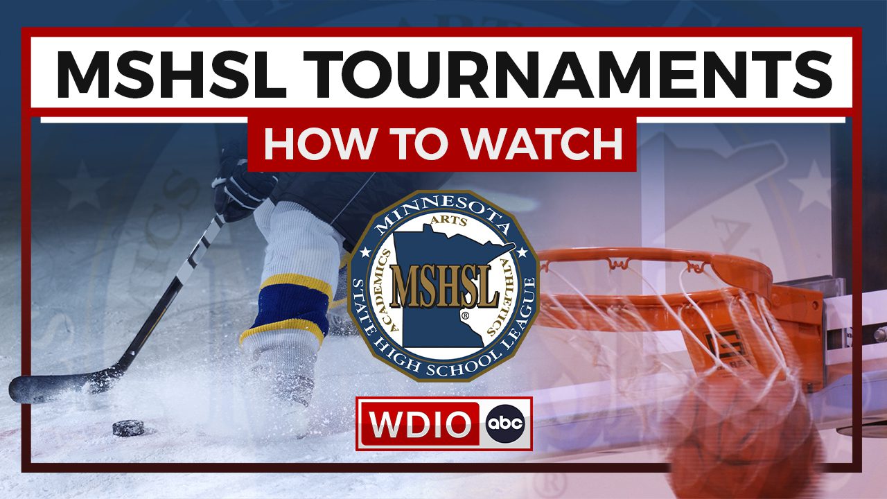 MSHSL Tournaments How to Watch. WDIO logo with hockey and basketball in the background.