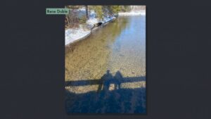Two people's shadows can be seen in clear river water