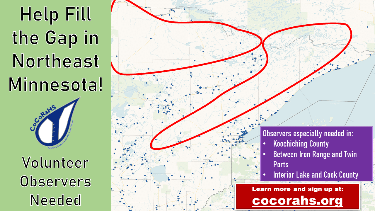 Map of locations in northeast Minnesota where precipitation observations are made