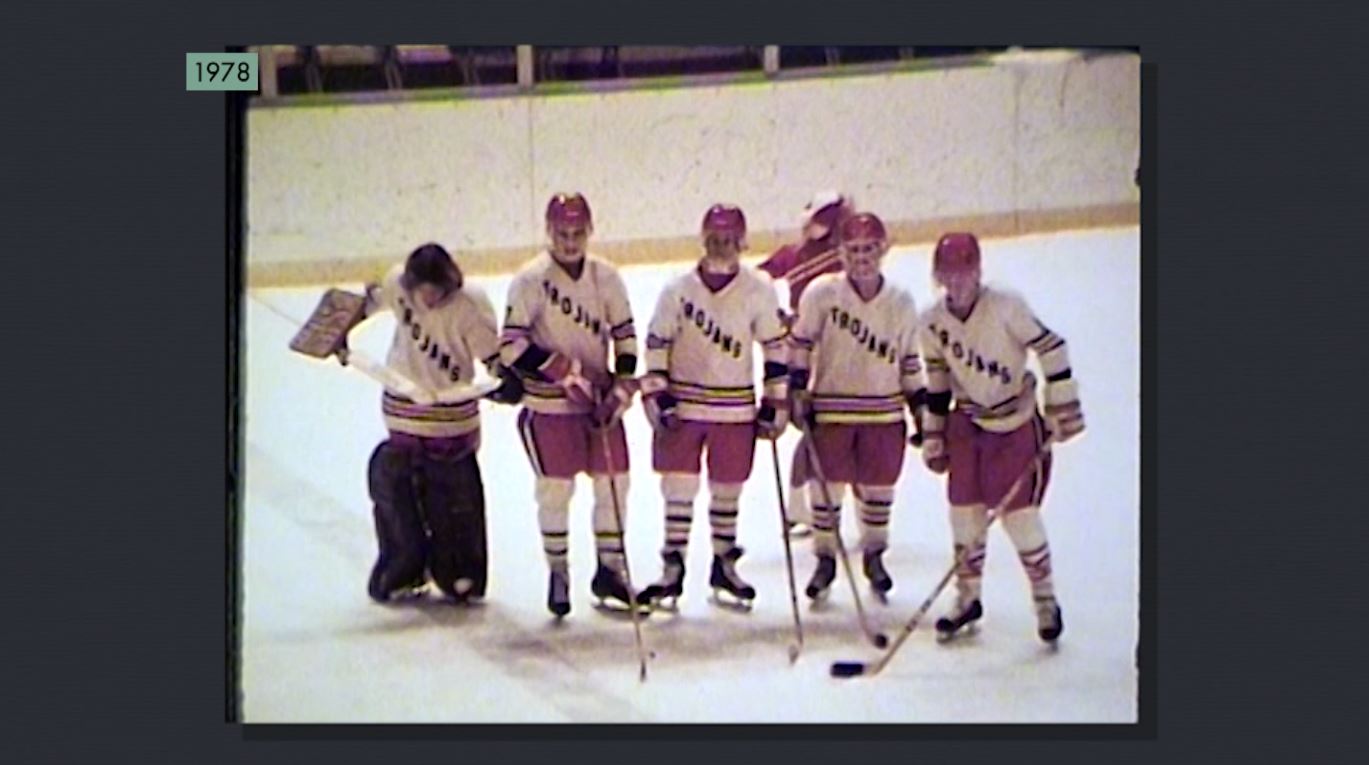 High school hockey players on the ice in 1978