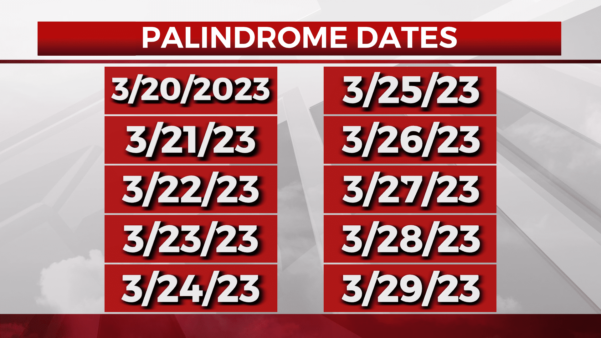 List of dates from 3/20/23 to 3/29/23