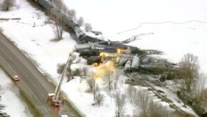 overhead, chopper view of a train derailment in Raymond, MN
