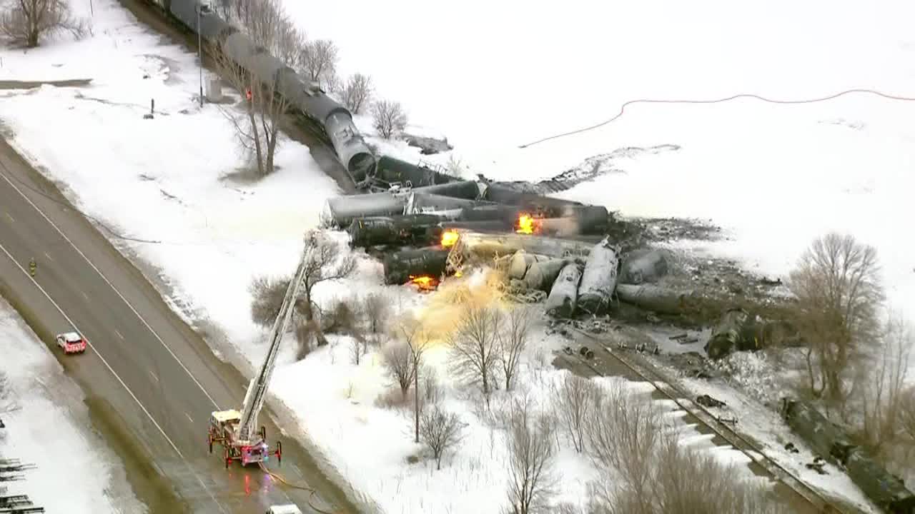 overhead, chopper view of a train derailment in Raymond, MN