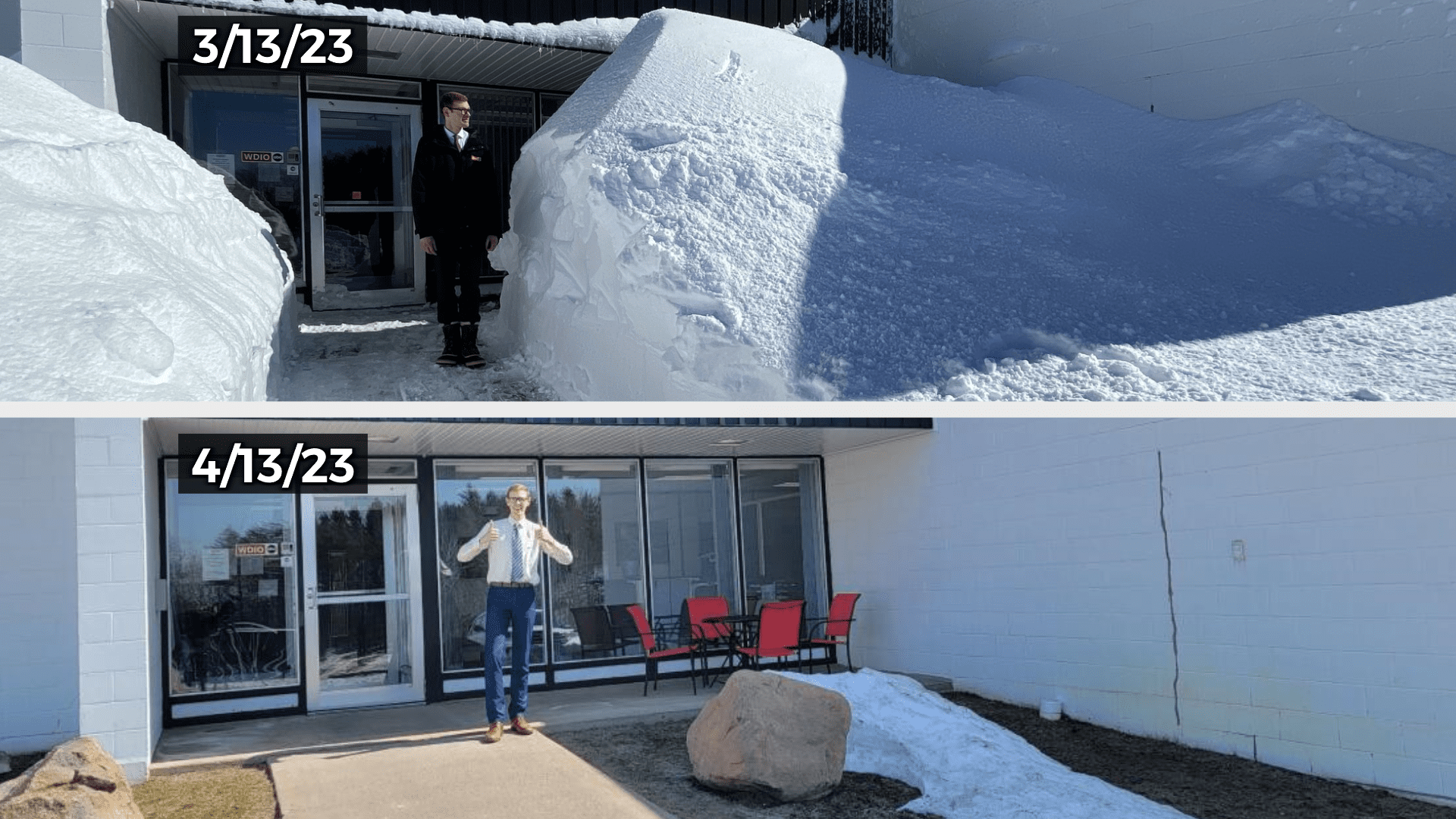 Image of large amounts of snow on March 13 compared to an image with very little snow on April 13