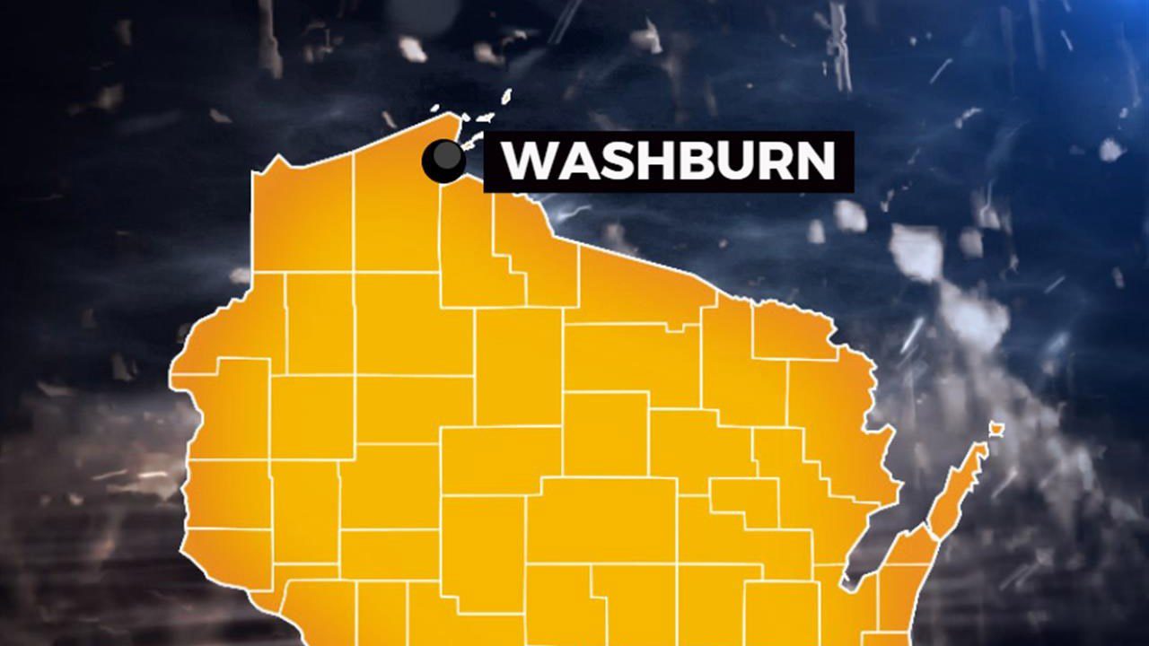 Yellow map showing black dot where Washburn Wisconsin is located.