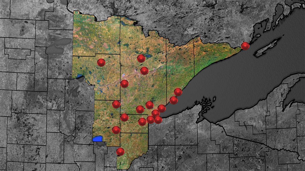 Northeastern MN map indicating the constructions spots in red.