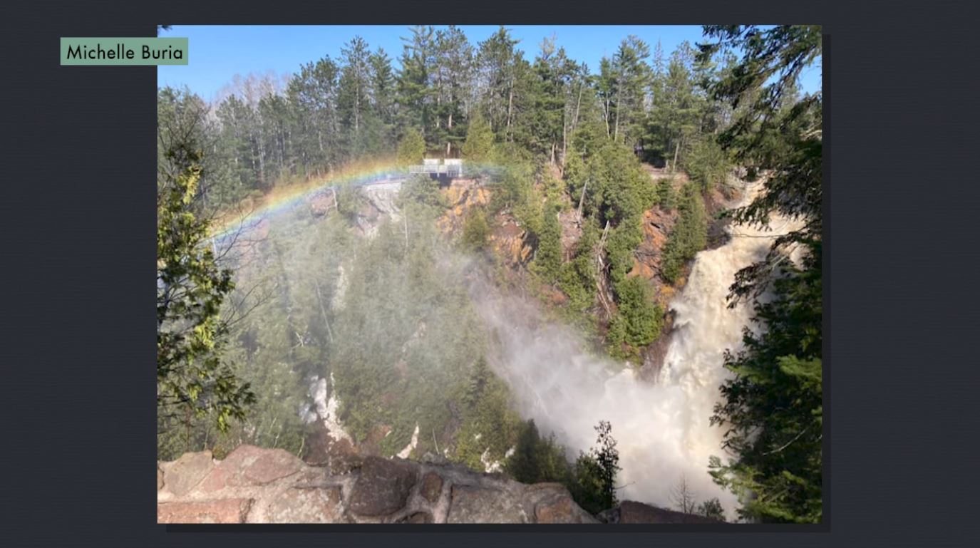 A rainbow over Big Manitou Falls in Pattison Park
