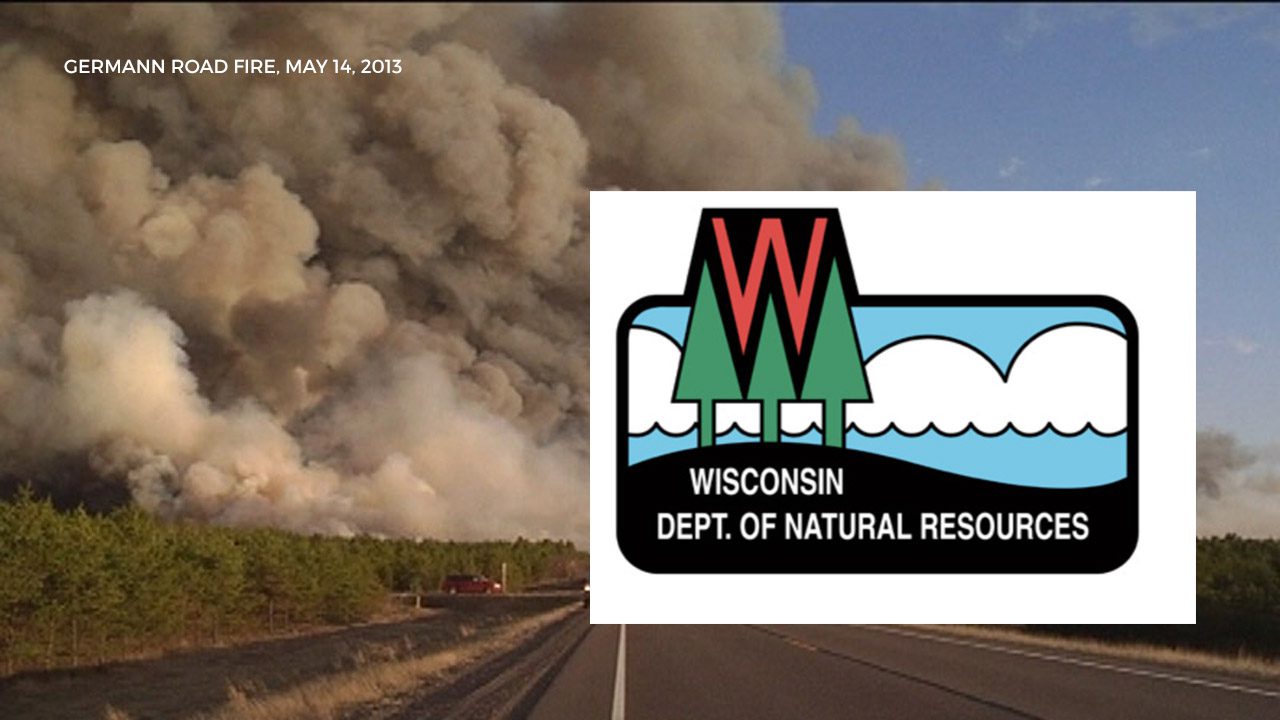 Wisconsin DNR logo over still image of large plume of wildfire smoke from Germann Road fire in 2013.