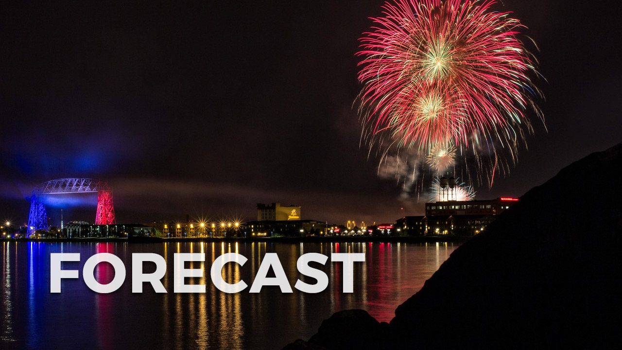 Fireworks over Duluth skyline with Forecast written on top.
