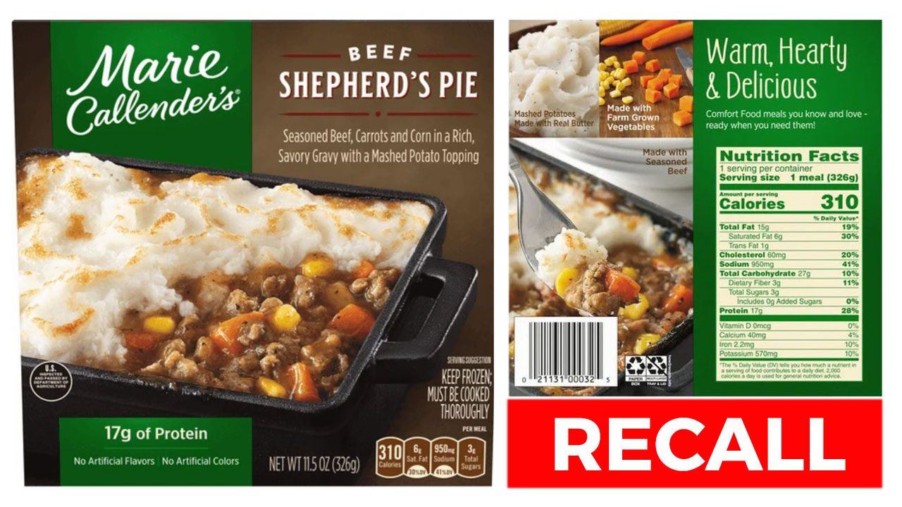 picture of packaging for the recall of Marie Callender Shepherd's Pie.