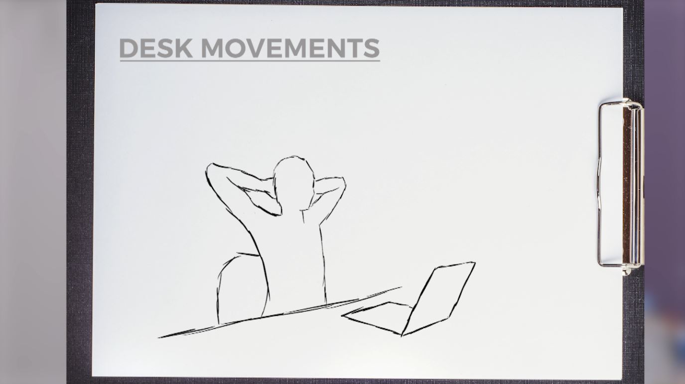 A sketch of a person stretching at their desk