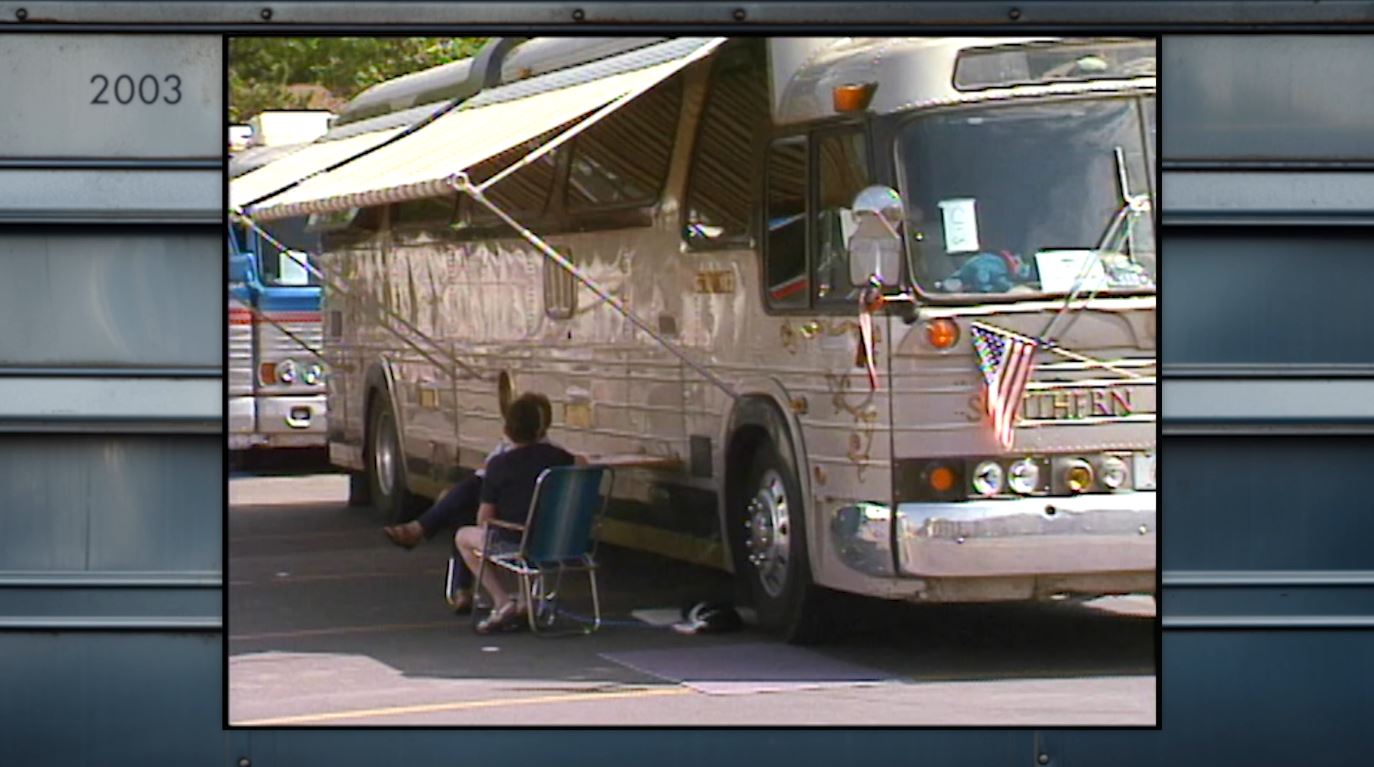 A Greyhound bus converted to a camper