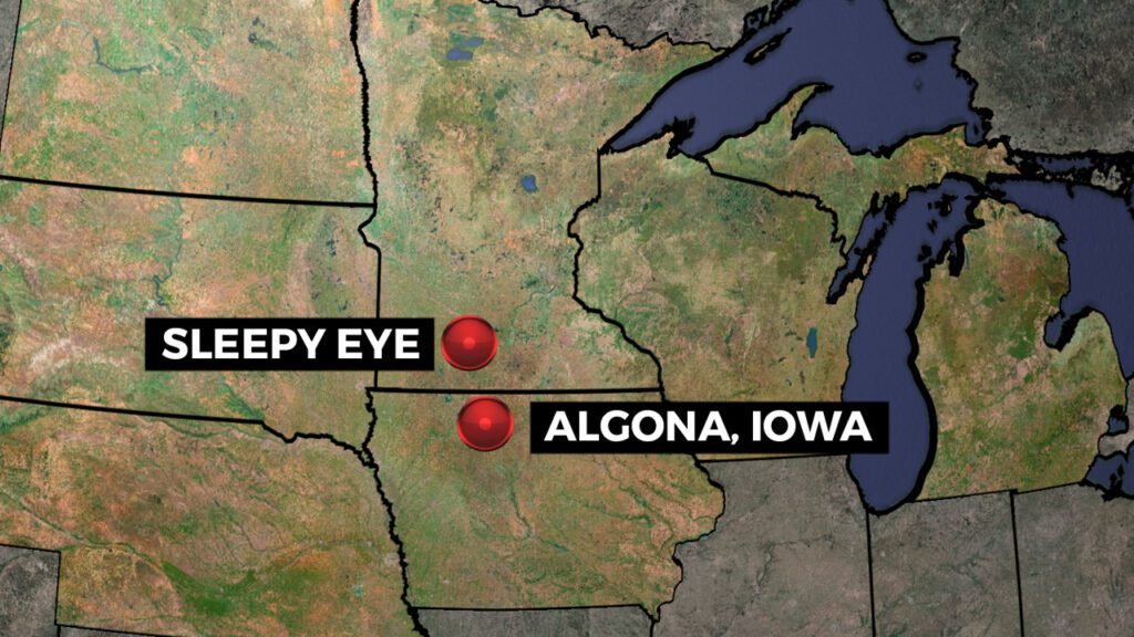Map showing the distance between Algona, Iowa and Sleepy Eye, Minnesota.