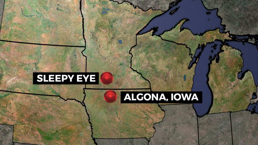 Map showing the distance between Algona, Iowa and Sleepy Eye, Minnesota.