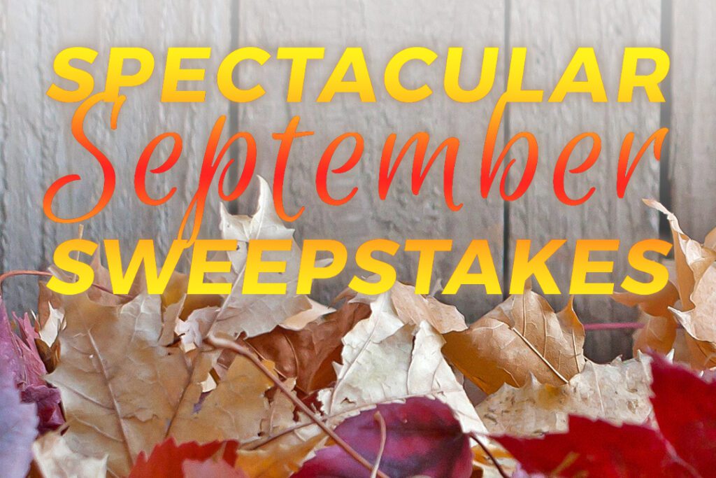 Colorful fall leaves with text saying Spectacular September Sweepstakes
