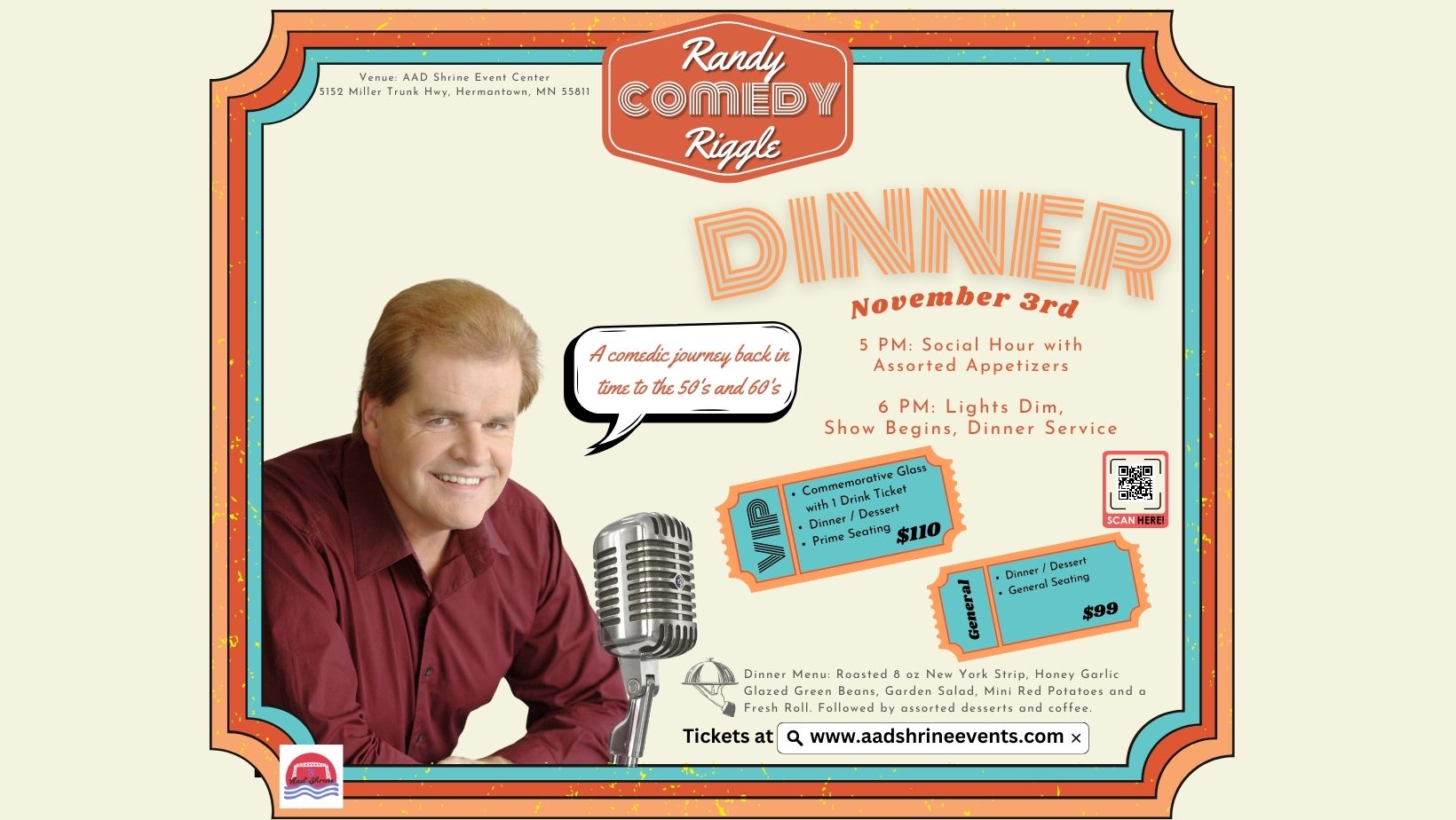 A poster for the AAD Shrine comedy dinner