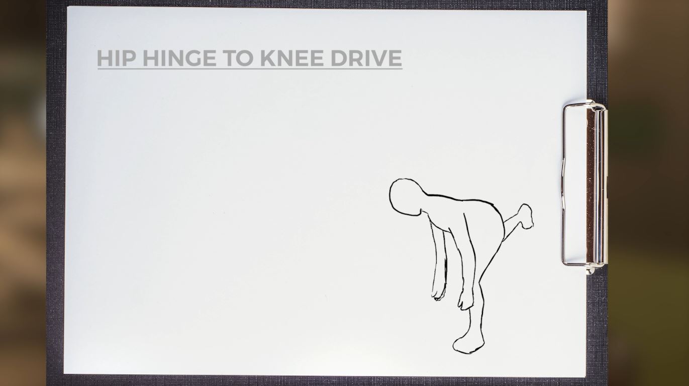 A sketch of a person doing a single-leg hinge to knee drive