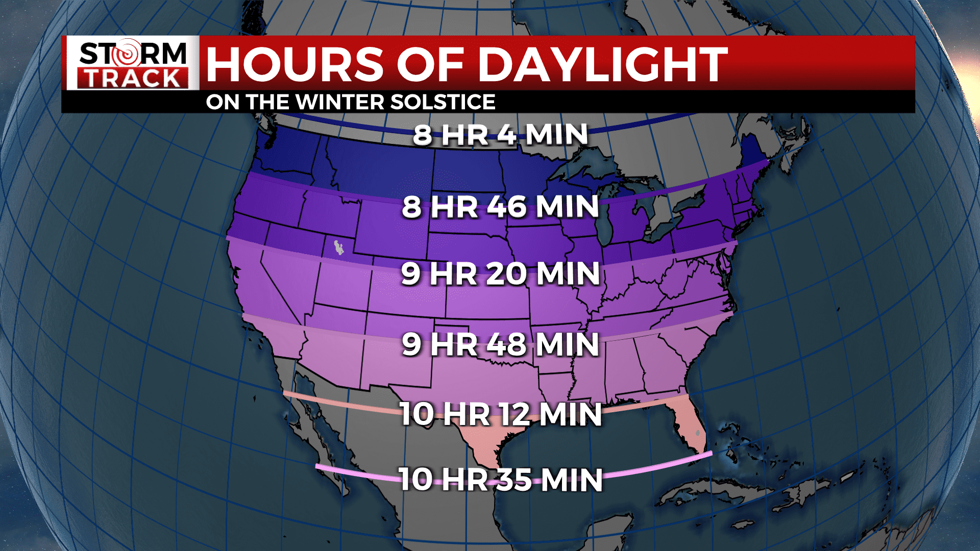 Map of daylight hours on the Winter Solstice by latitude