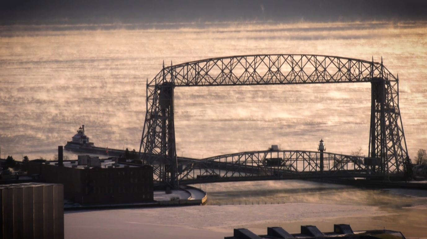 The Aerial Lift Bridge with sea smoke hovering over Lake Superior