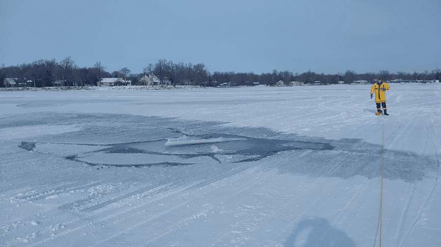 The scene of a vehicle falling through the ice on Mille Lacs Lake on Friday, Jan. 12, 2024. Credit: Mille Lacs County Sheriff