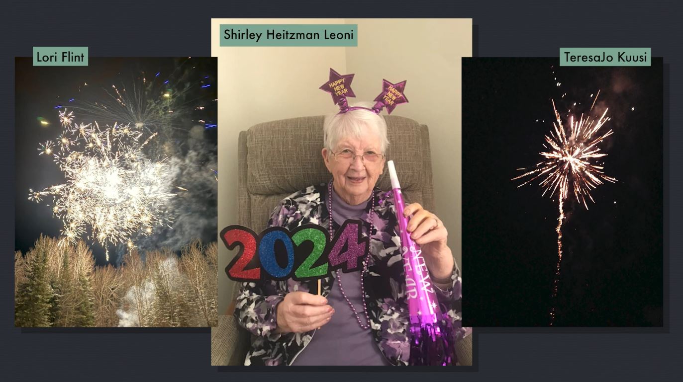 Fireworks and a 92-year-old woman celebrating New Year's Eve