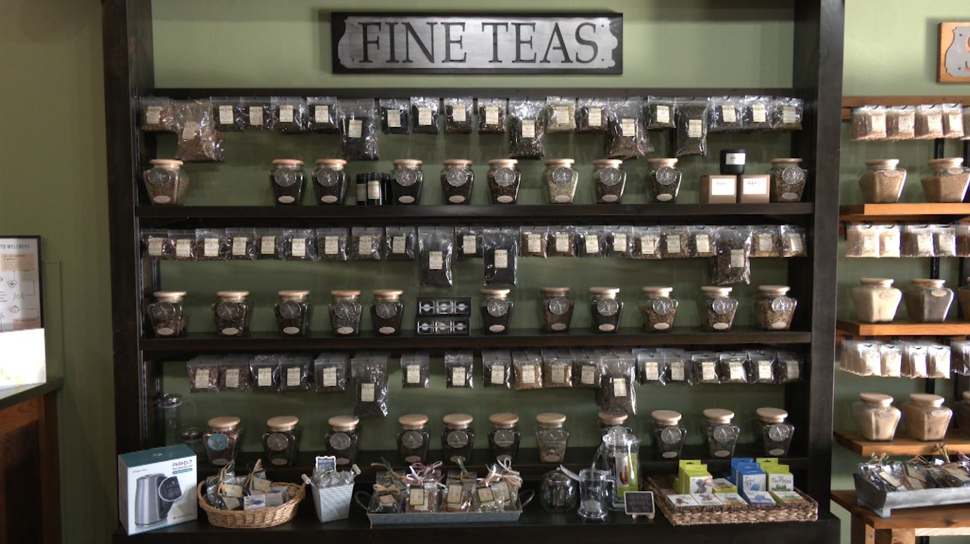 A wall of tea at the Spice & Tea Exchange