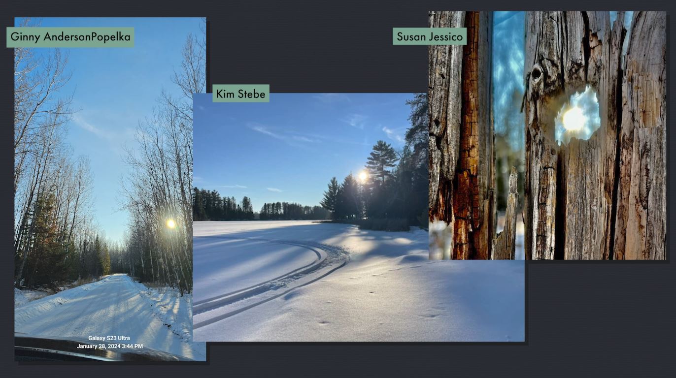 Three photos of sun on a snowy landscape