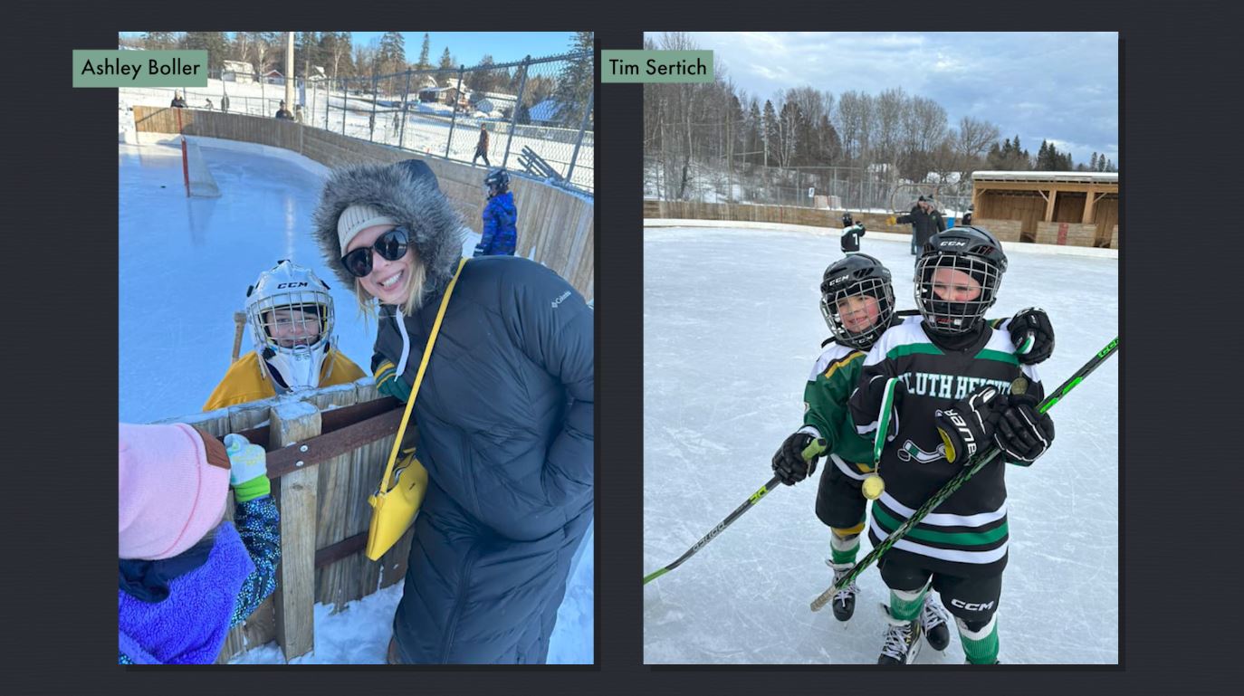 Two photos of kids at an outdoor ice rink