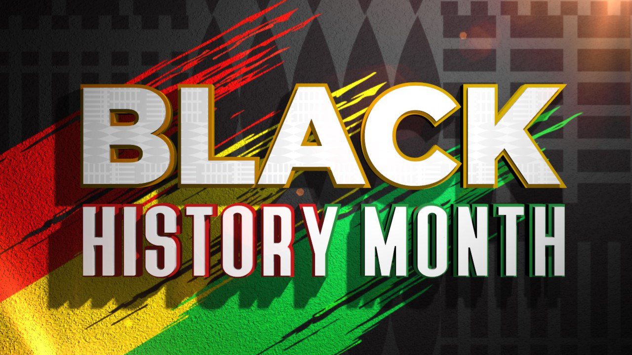 The words "Black History Month" on a red, yellow, and green background